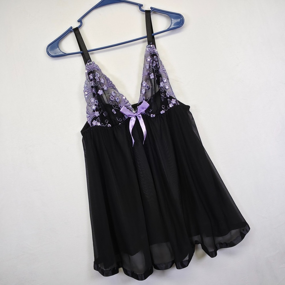 Babydoll Slip Womens 1X Black Purple Floral Lace Whimsigoth Fairy Mesh Lingerie‎